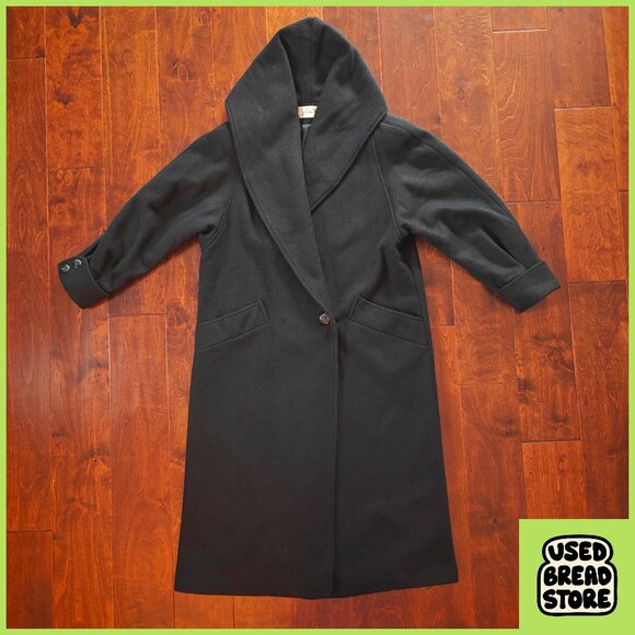 XL Vintage 80s Andrea Marin New York Shawl Collar Hooded Black Wool Maxi Coat - Picture 1 of 7